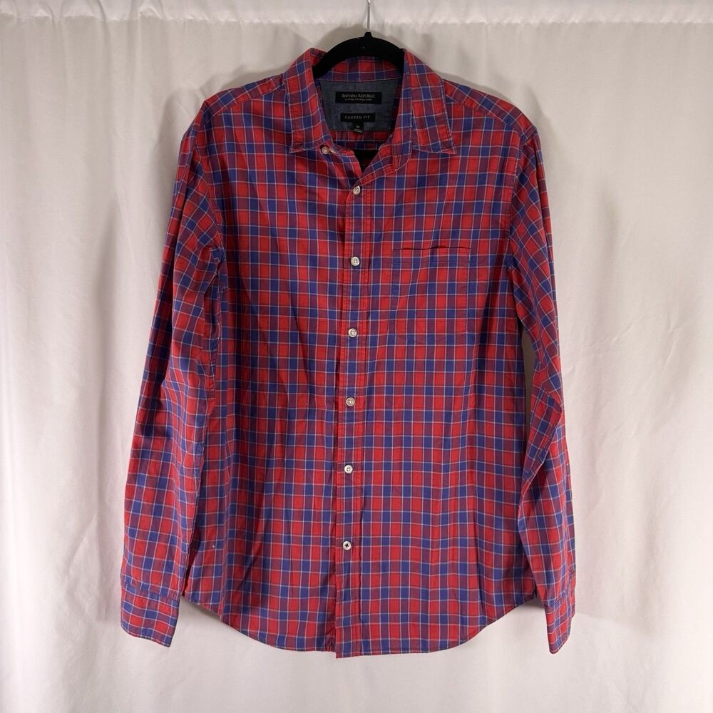 Banana Republic Custom 078 Wash Shirt Camden Fit Men's Medium Red Blue Plaid